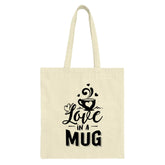 Love in a Mug Tote Bag, Coffee Lover Gift, Heart Graphic Tote, Cute Beverage Design, Everyday Bag, Reusable Shopping Bag - Tawshia